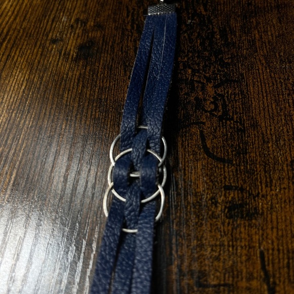 Braided Faux Leather Bracelet with Silver Tone Rings & Charm Adj 8.5” Navy Blue - Picture 1 of 4
